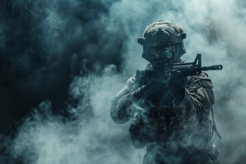 Focused Soldier Aiming Rifle in Misty Environment. A focused soldier in full combat gear aims a rifle amidst swirling smoke, illustrating concentration and military precision.