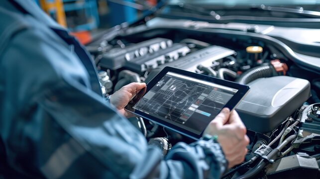car engine inspection by mechanic using tablet computer