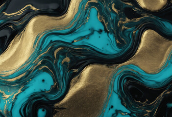 Fluid Art Turquoise and blue abstract waves with golden particles on black background Marble effect