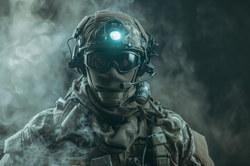 Fog-Enshrouded Soldier in Tactical Gear. Elite infantryman enveloped in mist, equipped with tactical helmet and goggles.