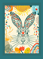 Easter bunny poster. Postcard Happy Easter . hand drawing. Not AI. Vector illustration - obrazy, fototapety, plakaty