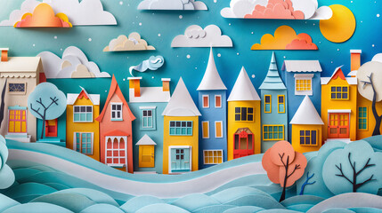 Paper Artwork Colorful City Landscape Panorama Concept Art image HD Print 12288x6864 pixels ar16:9. Neo Modern Art V2 12 - Powered by Adobe