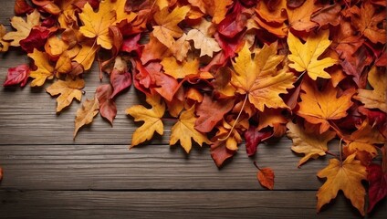 photo of a wooden board with beautiful orange leaves scattered around made by AI generative