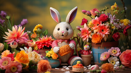 easter bunny with flower stoy rabbit in the garden - obrazy, fototapety, plakaty