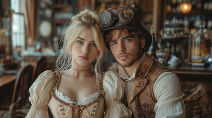 Fototapeta premium In steampunk attire, a woman with long blonde hair sits beside a man wearing a goggle helmet at a cafe