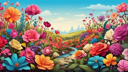 Fototapeta na wymiar illustration of a beautiful colorful flower garden with a clear sky made by AI generative