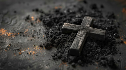 Wooden Cross in Ashes. Symbol of Faith and Reflection.