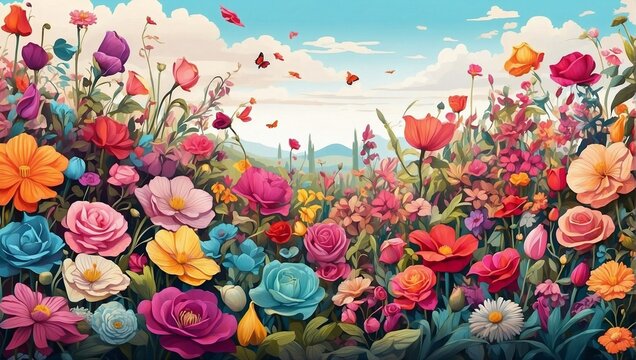 illustration of a beautiful colorful flower garden with a clear sky made by AI generative