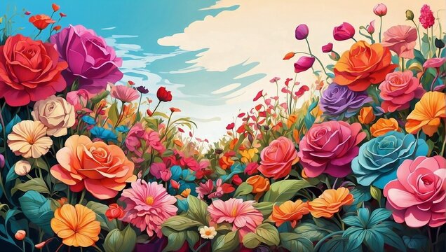 illustration of a beautiful colorful flower garden with a clear sky made by AI generative