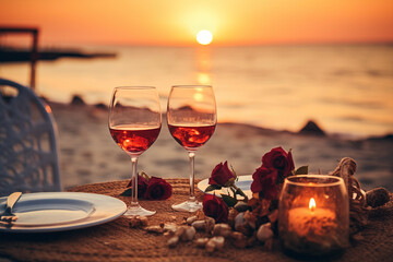Romantic dinner on beach. Glasses of wine and sea wiew. Vacation, travel, restaurant. Happy valentine's day background..