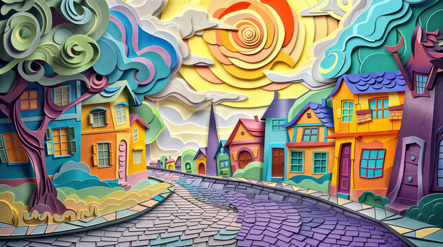 Paper Artwork Colorful City Landscape Panorama Concept Art image HD Print 12288x6864 pixels ar16:9. Neo Modern Art V2 3