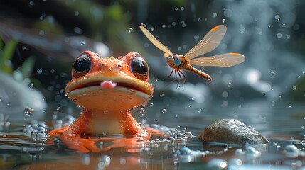 A funny cartoon frog attempting to catch flies with its tongue, but ending up with its tongue stuc - obrazy, fototapety, plakaty
