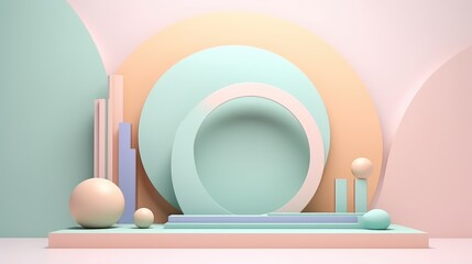 A geometric stand for goods, platforms of different shapes. A podium for displaying goods on a background of different colors in pastel tones.