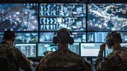 military surveillance officers working with computer screen in central office, control and monitoring for managing national security