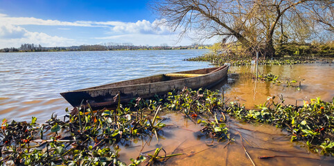 Old traditional wood boat on the lake in Fermentelos, Águeda - Portugal - 745034925