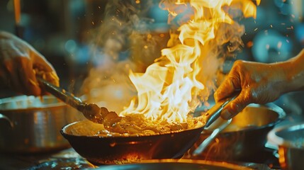 experienced cook using fire to prepare dishes in a restaurant kitchen