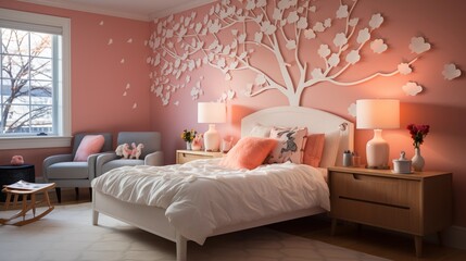 A serene nursery with light salmon wallpaper and mahogany crib, accessorized with salmon and mahogany bedding and plush toys, creating a calming and nurturing environment for the little one
