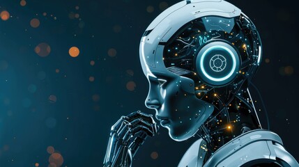 Fototapeta premium Reflections of AI. A contemplative robot with a human-like expression, symbolizing the evolving intelligence of machines.