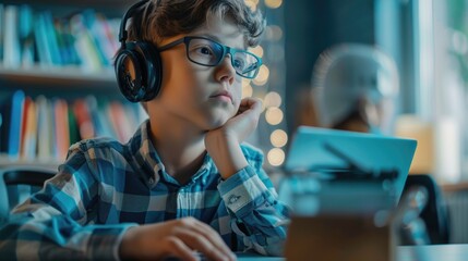 Digital Daydream. A child with headphones gazes thoughtfully at a computer screen, a picture of digital-age contemplation.