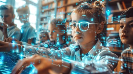  Future Classmates. A group of students engages with futuristic technology, symbolizing next-generation learning.