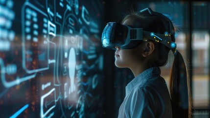 Visionary Learning. A young student gazes at a complex data interface through VR goggles, immersed in a futuristic learning environment. - Powered by Adobe