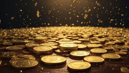 photo of rain and piles of sparkling gold coins made by AI generative