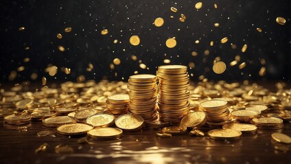 photo of rain and piles of sparkling gold coins made by AI generative