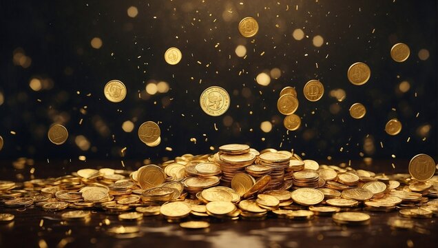 photo of rain and piles of sparkling gold coins made by AI generative