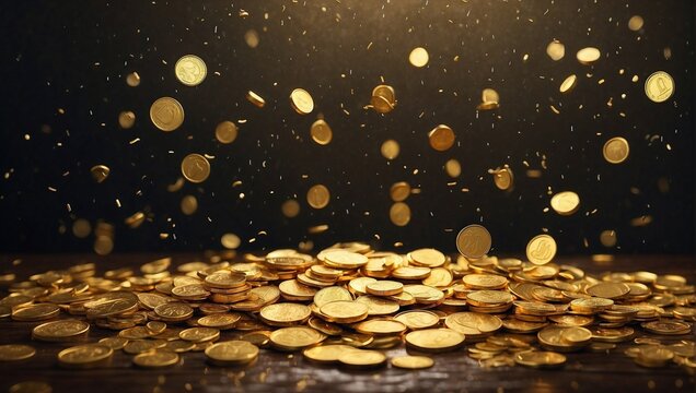 photo of rain and piles of sparkling gold coins made by AI generative