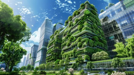 Urban Green Utopia. A modern cityscape with lush greenery enveloping the buildings, showcasing a blend of urban development and nature. - obrazy, fototapety, plakaty