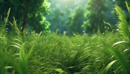 photo of green grass in the park in the morning made by AI generative