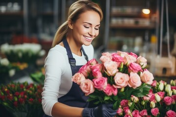 Happy florist woman does what she loves, creates a bouquet of roses and enjoys the smell of flowers