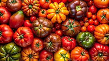 Top view of fresh tomatoes in different varieties and colours