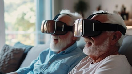 Pensioners lifestyle at home with modern technology concept. Pensioners wearing virtual reality headset for therapy by metaverse tech online. Older relax on day play vr game, generative ai
