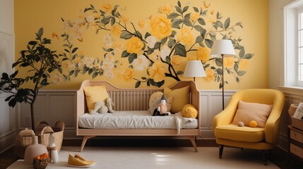 A serene nursery with pale lemon wallpaper and deep mustard crib
