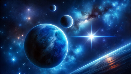 Obraz premium Vibrant Blue Planet with Moons in Starry Space