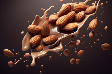 Close-up of splashes of chocolate milk and almonds flying on a dark  background, created by artificial intelligence. 3D illustration