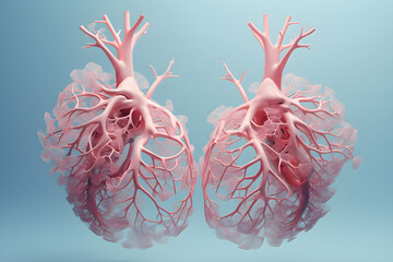 Close-up model of human lungs for medical advertising on a blue background, created by artificial intelligence. 3D illustration - obrazy, fototapety, plakaty
