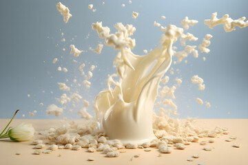 Close-up of milk splashes with porridge oat flakes flying on a light background, created by artificial intelligence. created by AI. 3D illustration