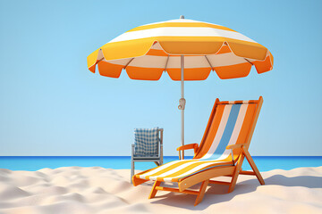 3d illustration of a beach chair with a white beach towel under a striped parasol, generated by AI. 3D illustration