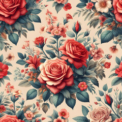 pattern with roses.  flower, bouquet, floral, pattern, flowers, pink, vector, roses, vintage, nature, wedding, seamless, decoration, blossom, design, love, leaf, card, beauty, Ai generated 
