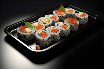 Sushi roll with salmon, caviar, Philadelphia cream cheese, tobika caviar, chuka. Sushi menu. Japanese food,  generated by AI. 3D illustration