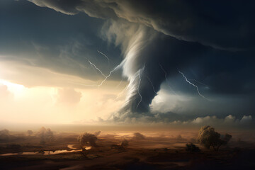 Gloomy landscape with bad weather. Tornado and heavy rain over a devastated field,  generated by AI. 3D illustration
