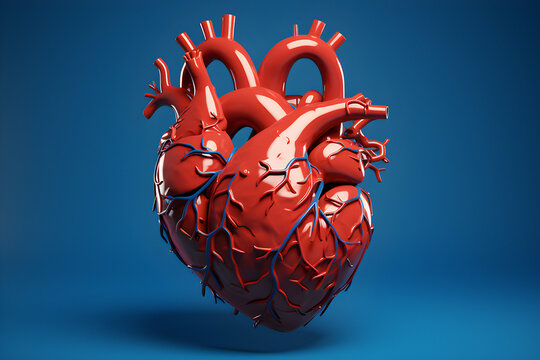 Close-up model of human heart for medical advertising on a blue background, created by artificial intelligence. 3D illustration