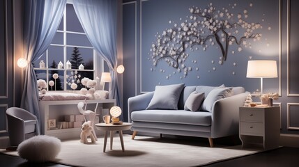 A serene nursery with subtle petal wallpaper and midnight moon crib