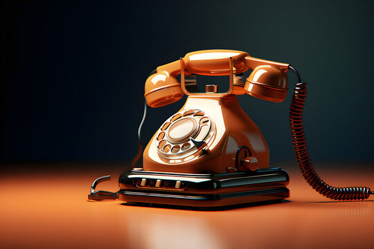 Close-up of an orange retro telephone on the table, generated by AI. 3D illustration