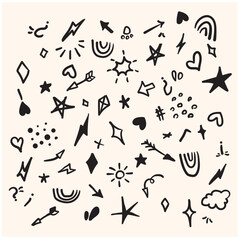 Vector seamless pattern with different stars, sparkles, arrows, hearts, diamonds, signs and symbols with Illustration style doodle and line art