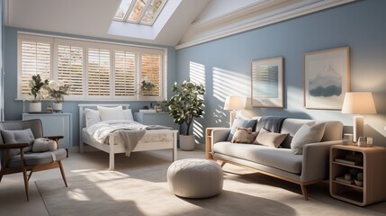 A serene nursery with warm white wallpaper and twilight blue crib