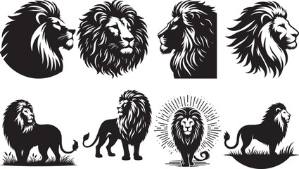 Silhouette Lion Vector Illustration, Lion wild animal silhouettes, lion with mane big cat black silhouette