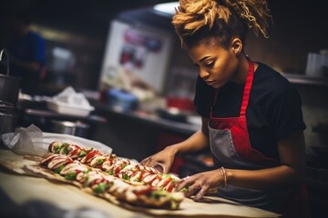 An African American woman cook in an apron prepares a delicious dish in an expensive restaurant - obrazy, fototapety, plakaty